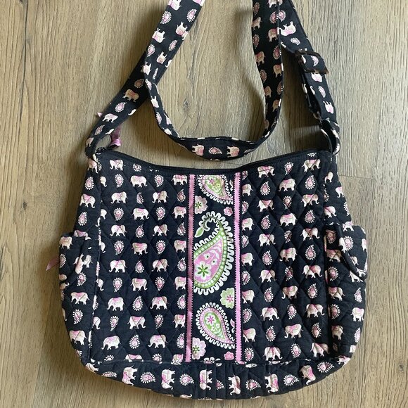 Vera Bradley Retired Women's Black Shoulder Handbag Pink Elephant Paisley Print! - Picture 1 of 6